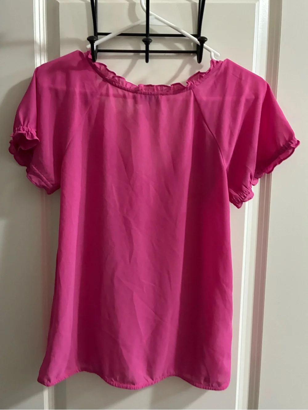 LOFT Fuchsia Ruffled Embroidered Short-Sleeve Blouse